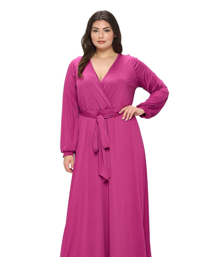 Front of a model wearing a size 3X Espinoza Surplice Maxi Dress in Magenta by L I V D. | dia_product_style_image_id:302559